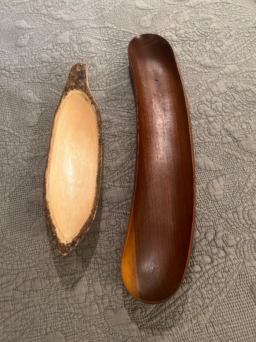 Two Handmade Wooden Serving Trays or Bowls-Coldwater Creek Bark Tray, Bean Shape